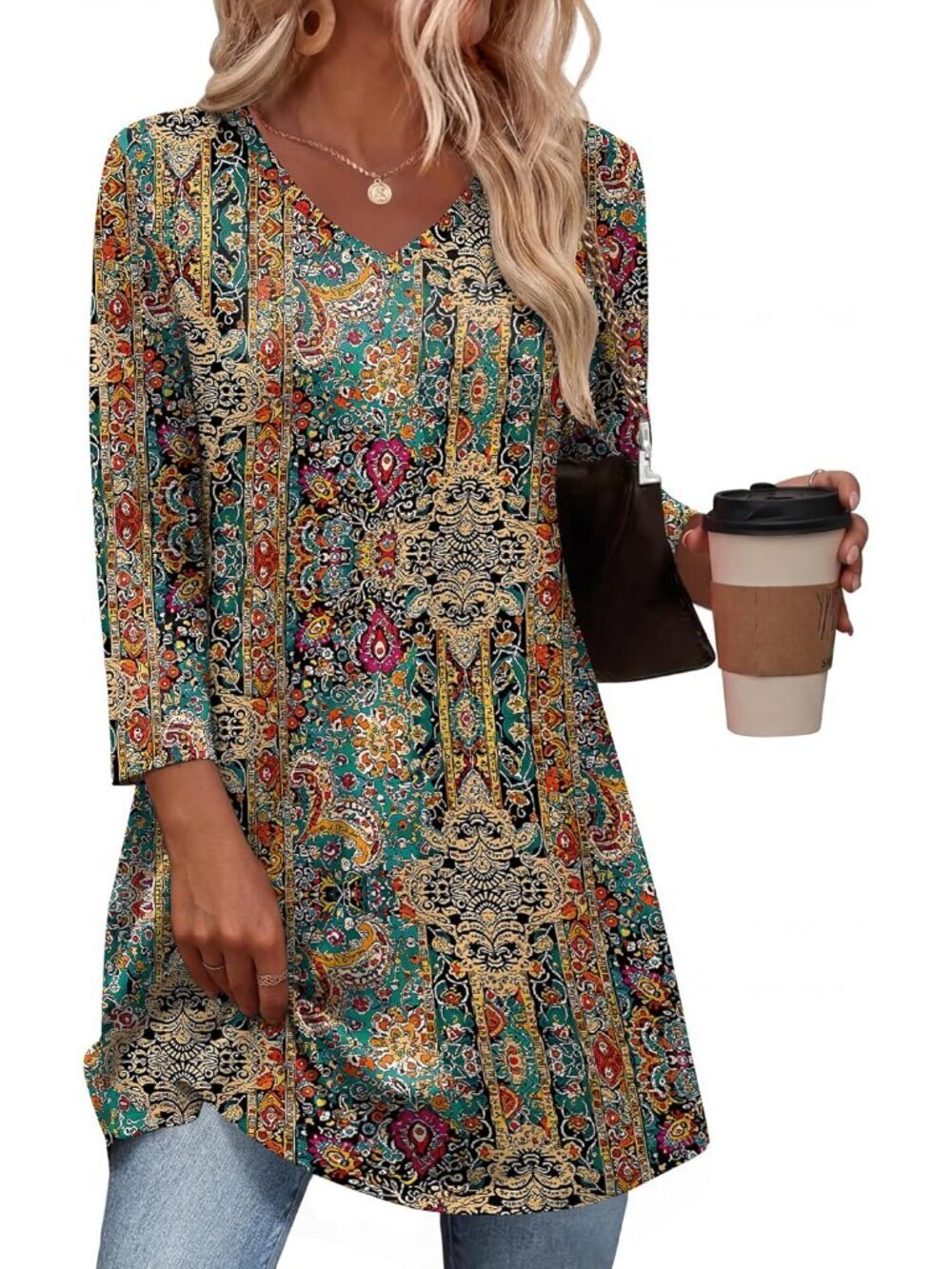 Tunic Tops for Women Loose Fit Dressy 3/4 Sleeve V Neck T Shirts Spring Tops for